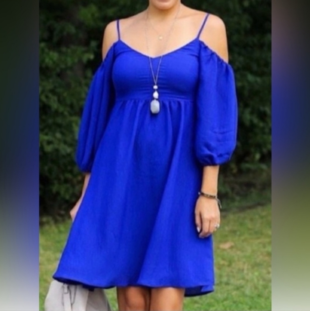 Moulinette Soeurs Dress Large Blue off the shoulder puff sleeves knee length